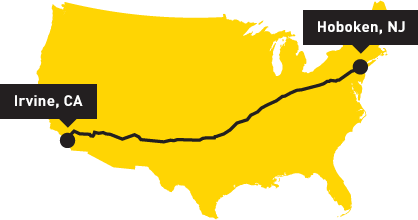 Map of the United States showing road from Hoboken, NJ to Irvine, CA